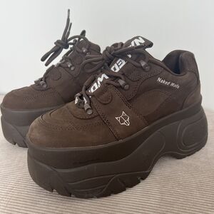 EUC NAKED WOLFE SINNER Shoes Womens 9.5 Chunky Platform Sneaker Brown Leather